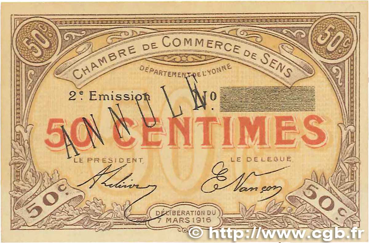 50 Centimes Annulé FRANCE regionalism and miscellaneous  1916 JP.118.03var. XF+
