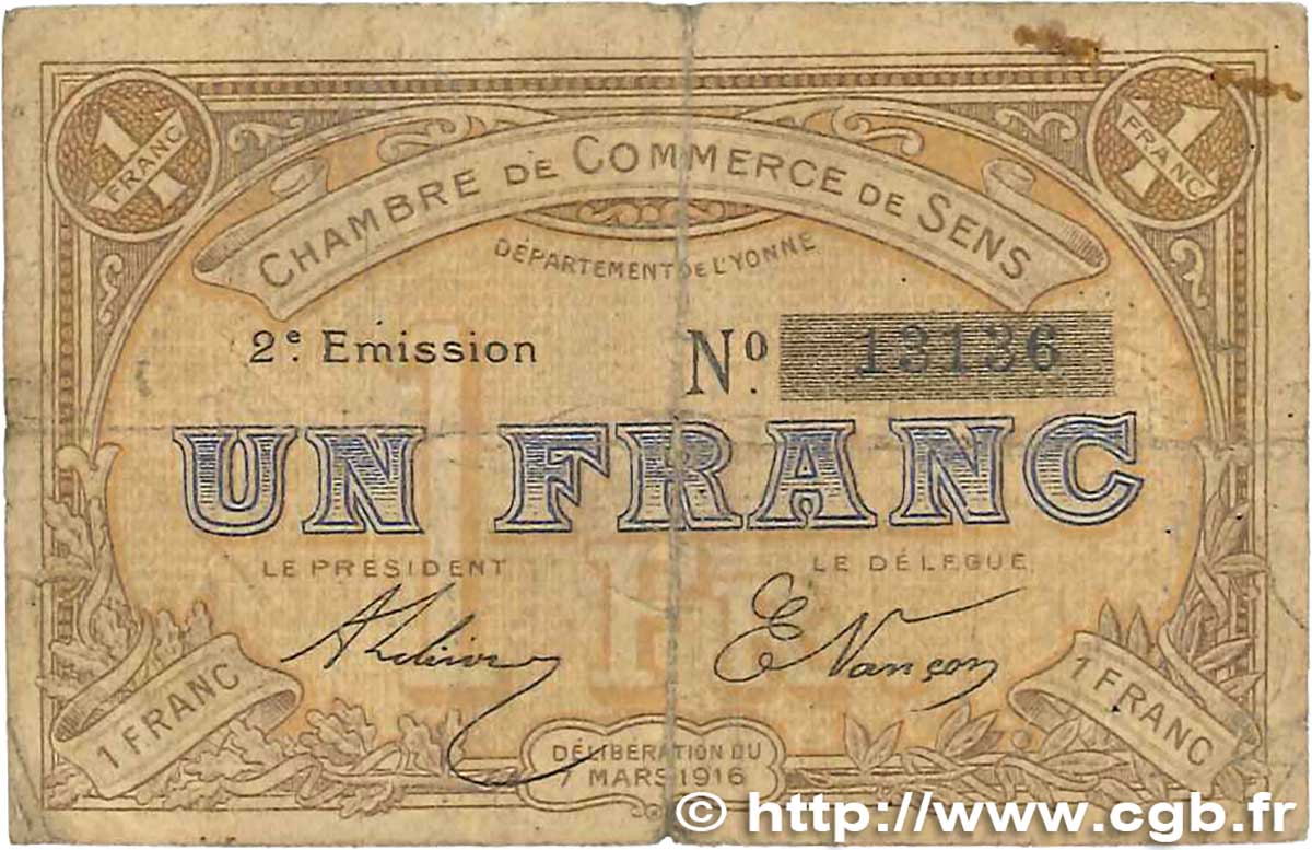 1 Franc FRANCE regionalismo y varios Sens 1916 JP.118.04 RC
