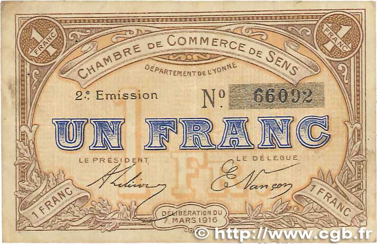 1 Franc FRANCE regionalismo y varios Sens 1916 JP.118.04 BC