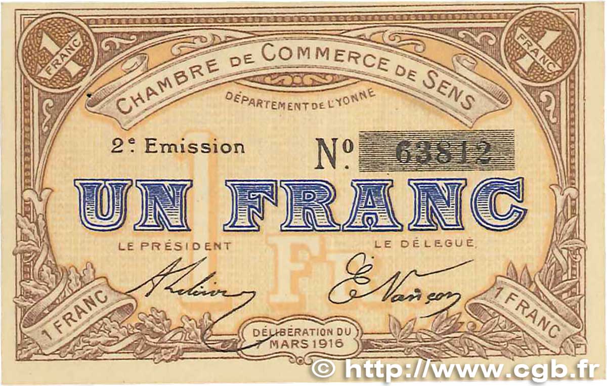 1 Franc FRANCE regionalismo y varios Sens 1916 JP.118.04 EBC