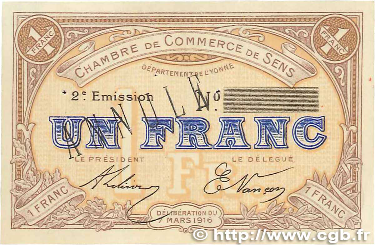1 Franc Annulé FRANCE regionalism and various  1916 JP.118.05var. XF