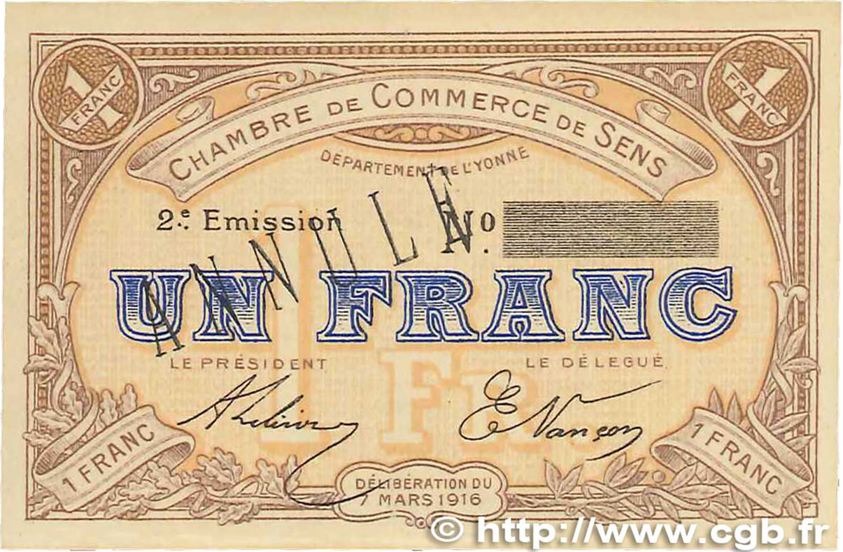 1 Franc Annulé FRANCE regionalismo e varie Sens 1916 JP.118.05 AU