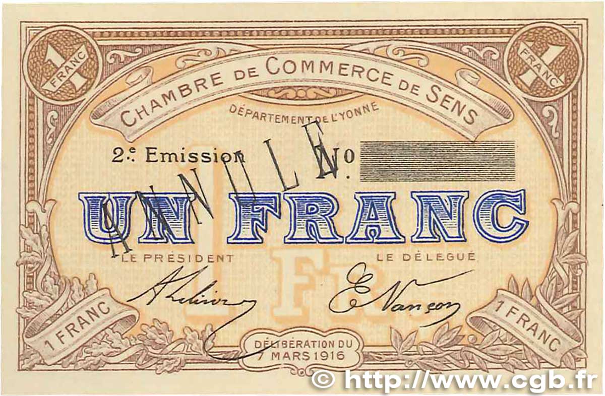1 Franc Annulé FRANCE regionalism and miscellaneous Sens 1916 JP.118.05 AU