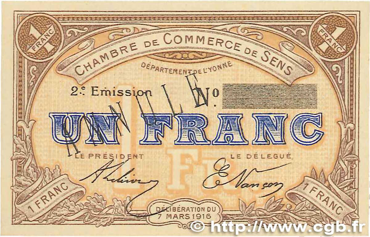1 Franc Annulé FRANCE regionalismo e varie Sens 1916 JP.118.05 FDC
