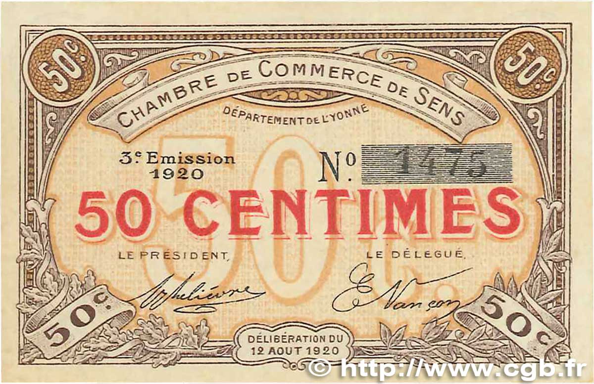 50 Centimes FRANCE regionalismo e varie Sens 1920 JP.118.10 AU