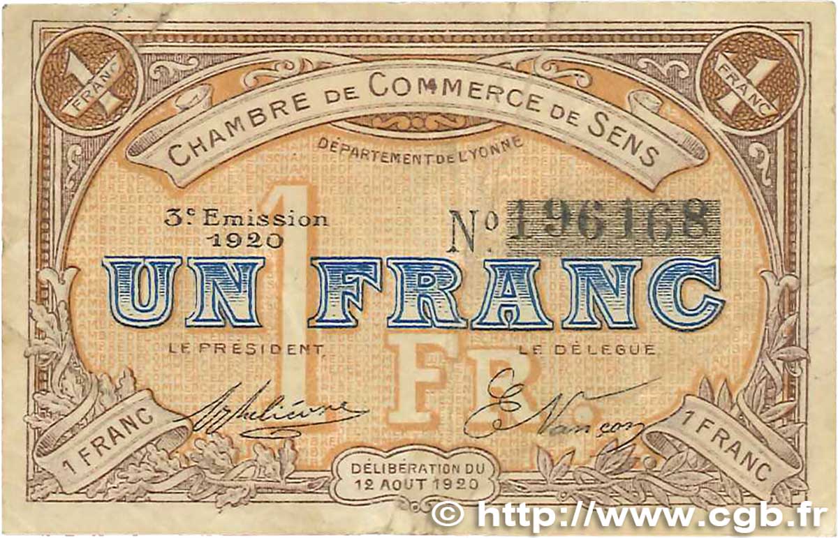1 Franc FRANCE regionalism and various Sens 1920 JP.118.12 F