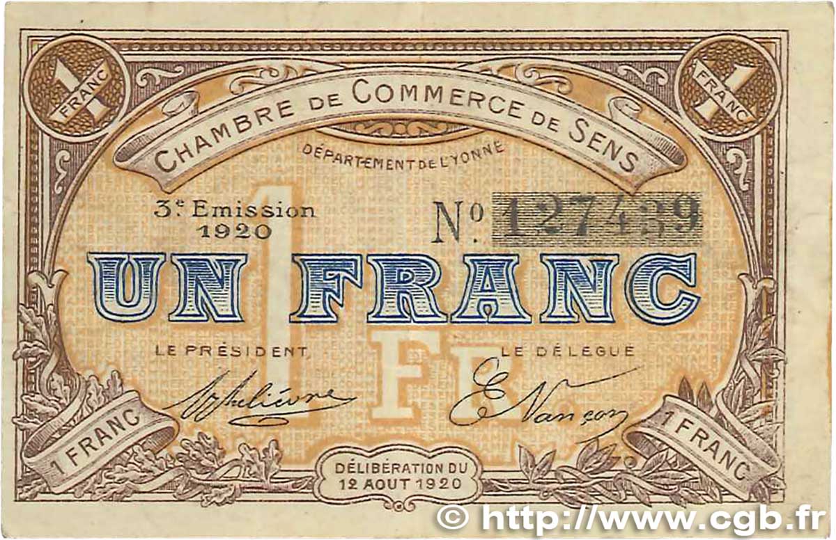 1 Franc FRANCE regionalismo y varios Sens 1920 JP.118.12 MBC