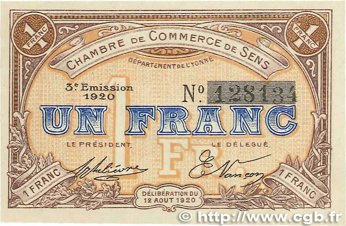 1 Franc FRANCE regionalismo y varios Sens 1920 JP.118.12 EBC