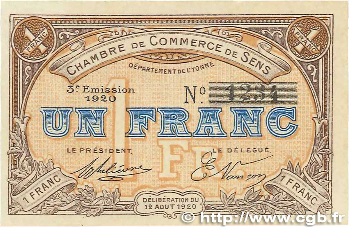 1 Franc FRANCE regionalismo y varios Sens 1920 JP.118.12 SC+