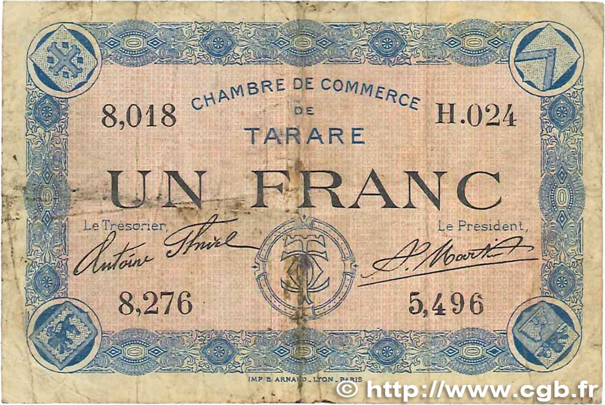 1 Franc FRANCE Regionalismus und verschiedenen Tarare 1915 JP.119.08 fS