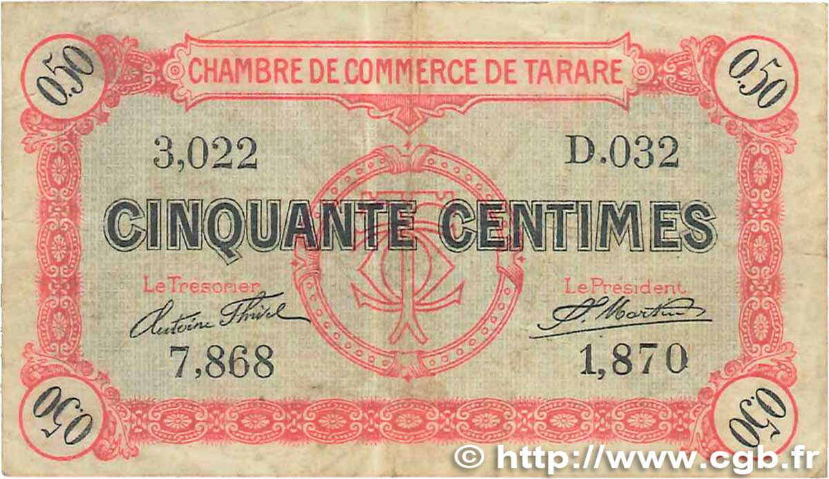 50 Centimes FRANCE regionalism and various Tarare 1916 JP.119.16 F