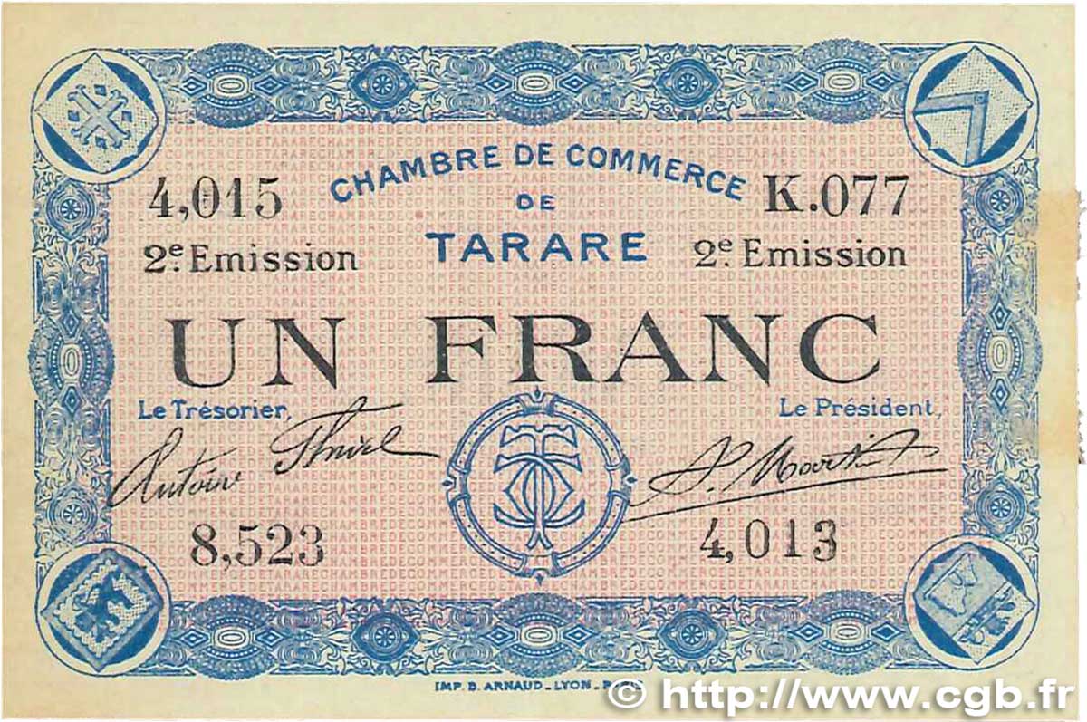 1 Franc FRANCE Regionalismus und verschiedenen Tarare 1917 JP.119.25 VZ+