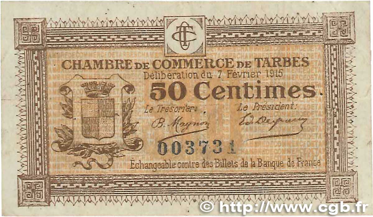 50 Centimes FRANCE regionalism and miscellaneous Tarbes 1915 JP.120.01 F