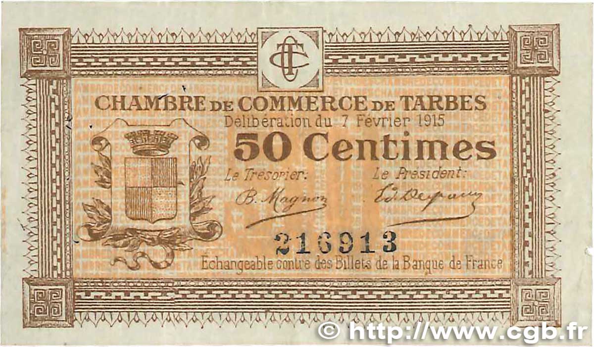 50 Centimes FRANCE regionalismo y varios Tarbes 1915 JP.120.01 MBC