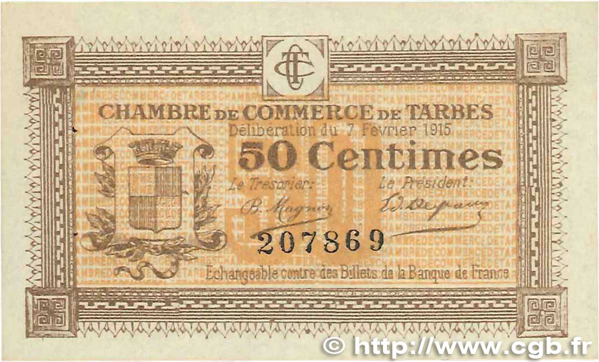 50 Centimes FRANCE regionalism and various Tarbes 1915 JP.120.01 XF+