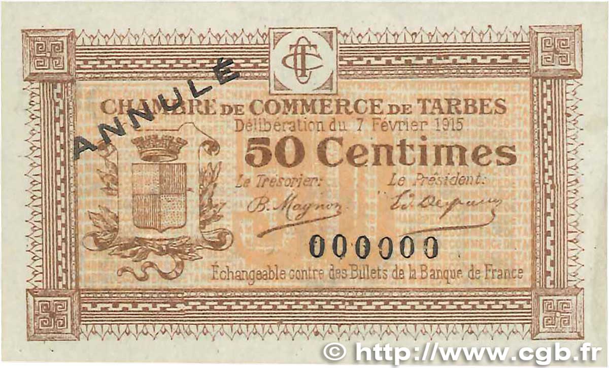 50 Centimes Annulé FRANCE Regionalismus und verschiedenen Tarbes 1915 JP.120.03 VZ