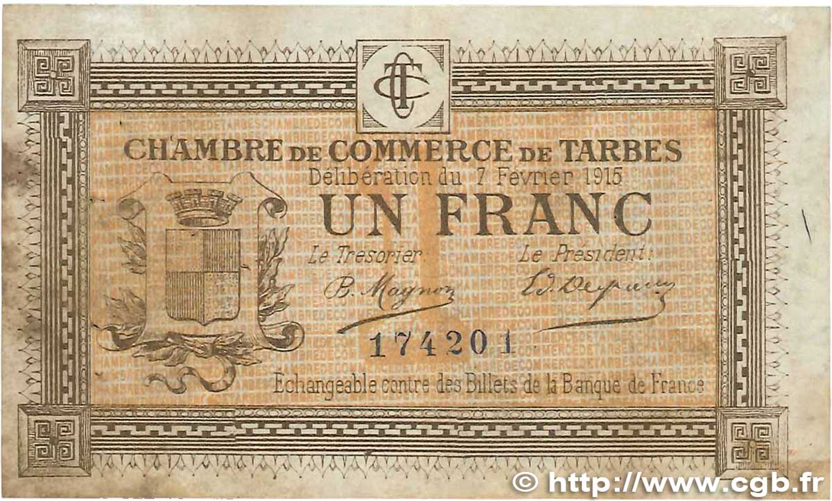 1 Franc FRANCE regionalismo y varios Tarbes 1915 JP.120.05 BC