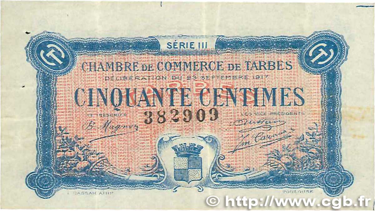 50 Centimes FRANCE régionalisme et divers Tarbes 1917 JP.120.12 TTB