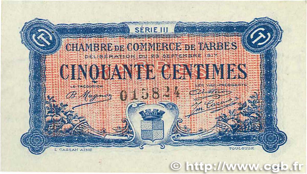 50 Centimes FRANCE regionalismo e varie Tarbes 1917 JP.120.12 SPL