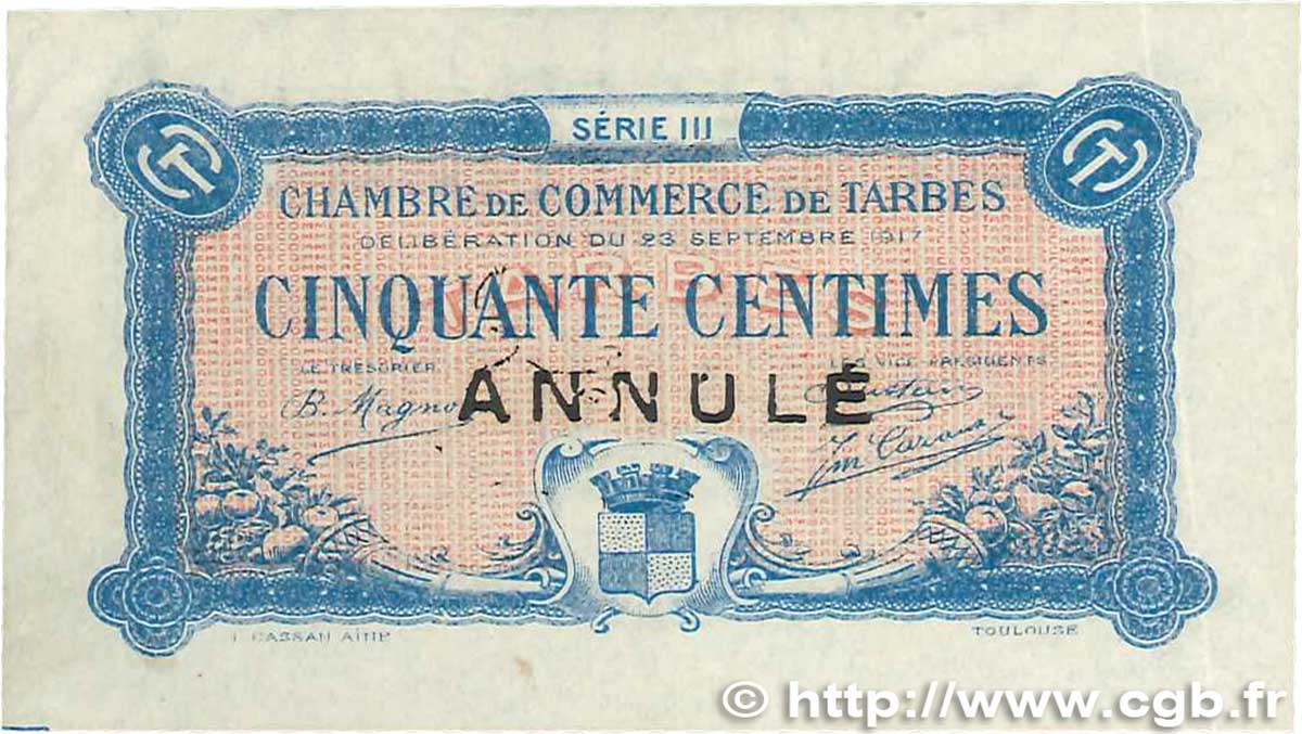 50 Centimes Annulé FRANCE regionalism and miscellaneous Tarbes 1917 JP.120.13 VF+
