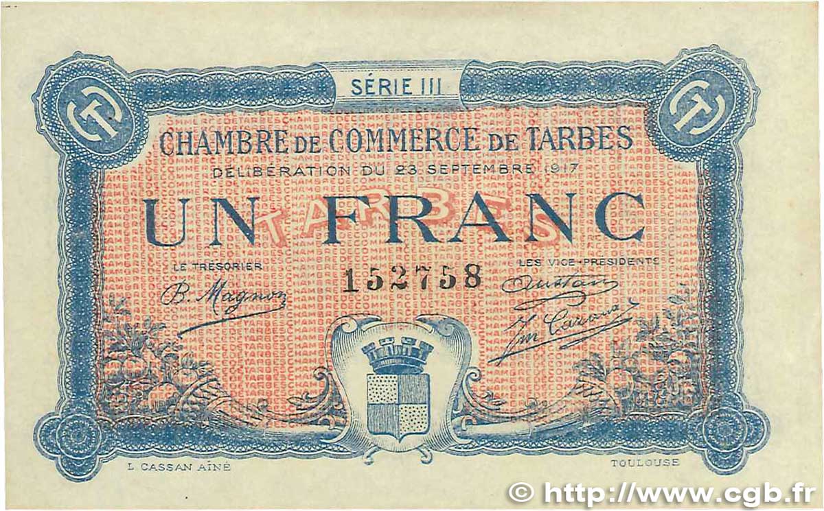 1 Franc FRANCE regionalism and various Tarbes 1917 JP.120.14 VF+