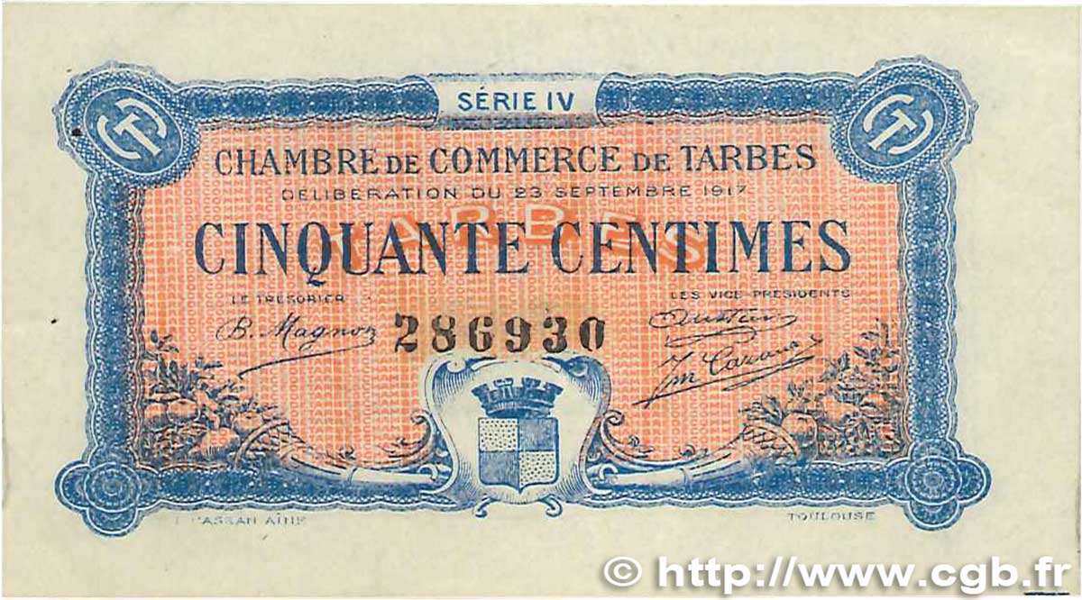 50 Centimes FRANCE regionalism and various Tarbes 1917 JP.120.16 VF+