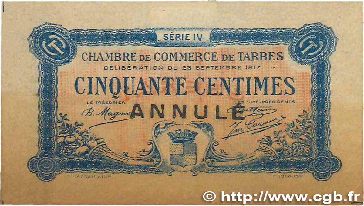 50 Centimes Annulé FRANCE regionalismo y varios Tarbes 1917 JP.120.17 MBC