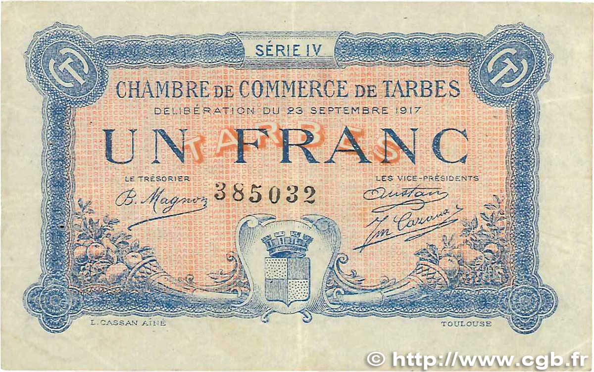 1 Franc FRANCE regionalismo y varios Tarbes 1917 JP.120.18 BC