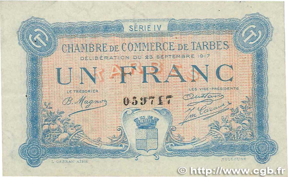 1 Franc FRANCE regionalism and various Tarbes 1917 JP.120.18 VF
