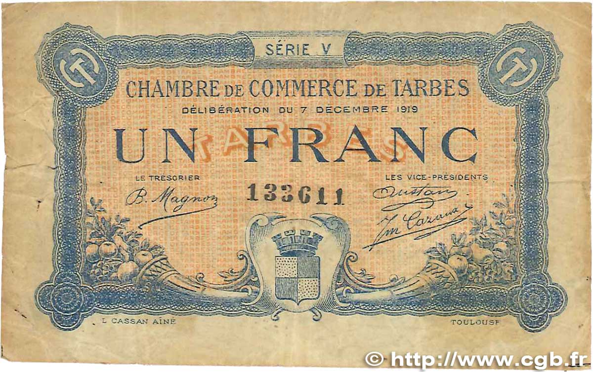 1 Franc FRANCE regionalism and various Tarbes 1919 JP.120.22 VG