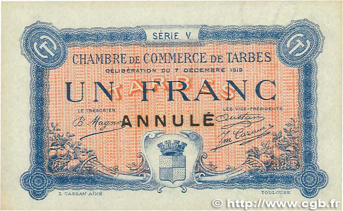 1 Franc Annulé FRANCE regionalism and miscellaneous Tarbes 1919 JP.120.23 XF+