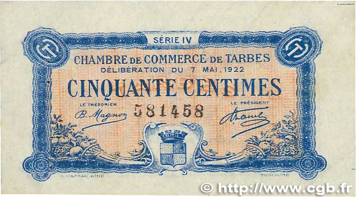 50 Centimes FRANCE regionalism and miscellaneous Tarbes 1922 JP.120.24 VF+