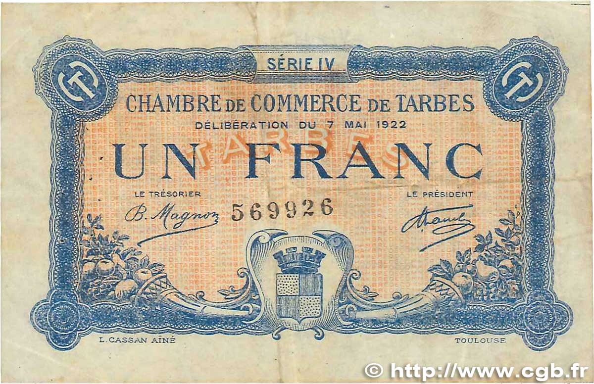 1 Franc FRANCE regionalism and miscellaneous Tarbes 1922 JP.120.25 F