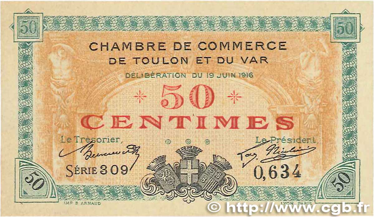 50 Centimes FRANCE Regionalismus und verschiedenen Toulon 1916 JP.121.01 VZ+
