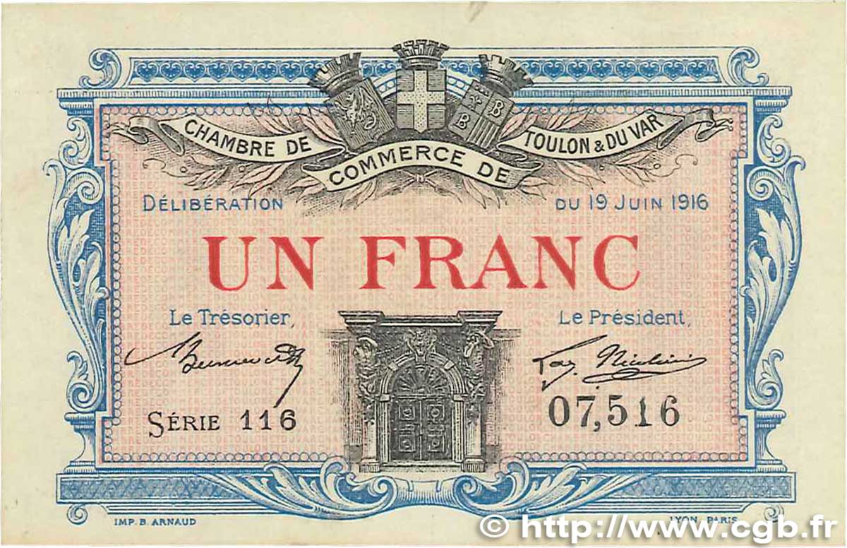 1 Franc FRANCE regionalism and miscellaneous Toulon 1916 JP.121.04 VF+