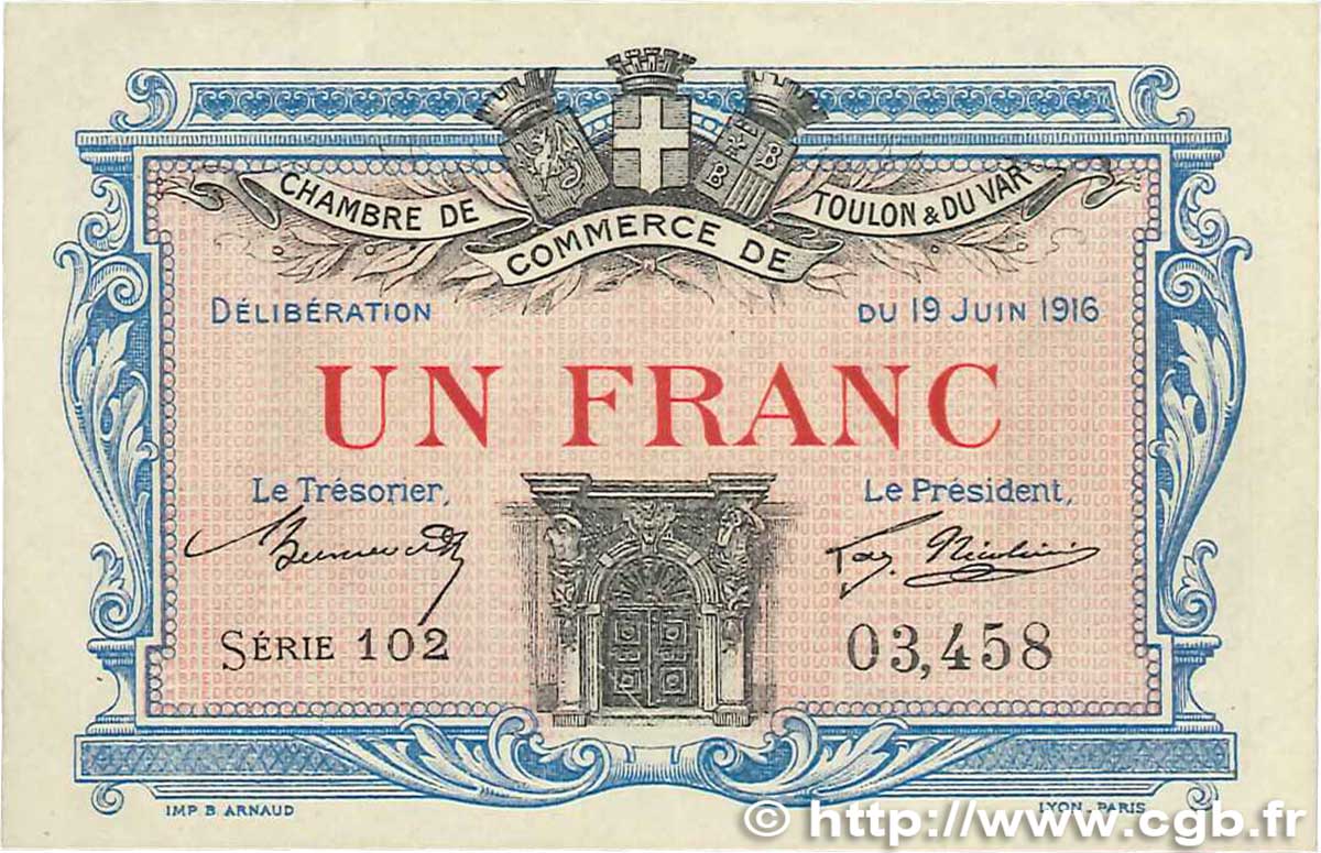 1 Franc FRANCE regionalism and various Toulon 1916 JP.121.04 XF