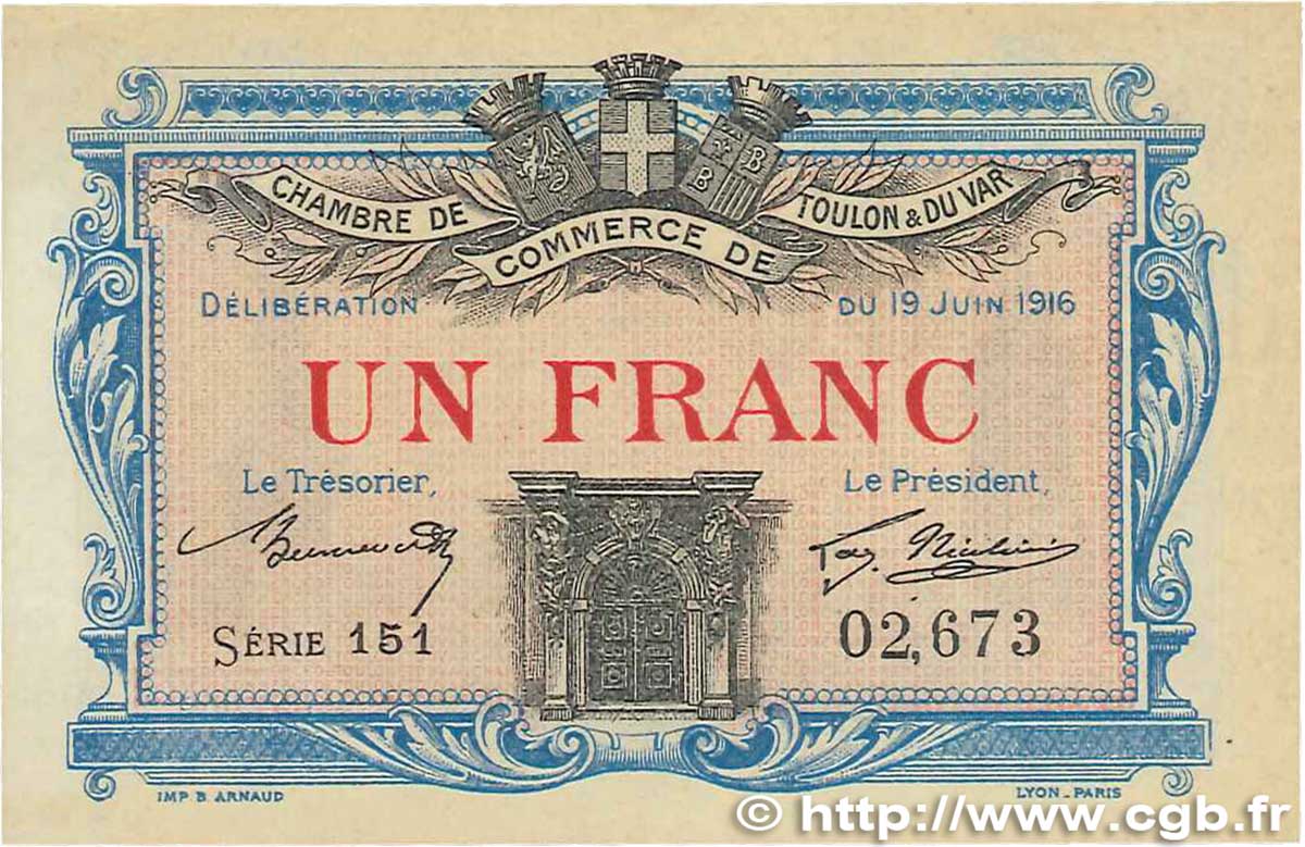 1 Franc FRANCE regionalism and various Toulon 1916 JP.121.08 XF+
