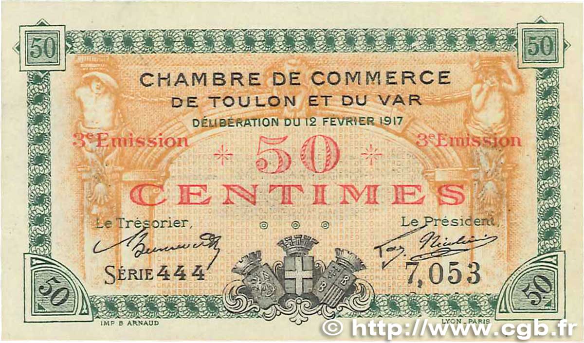 50 Centimes FRANCE regionalism and various Toulon 1917 JP.121.10 XF+