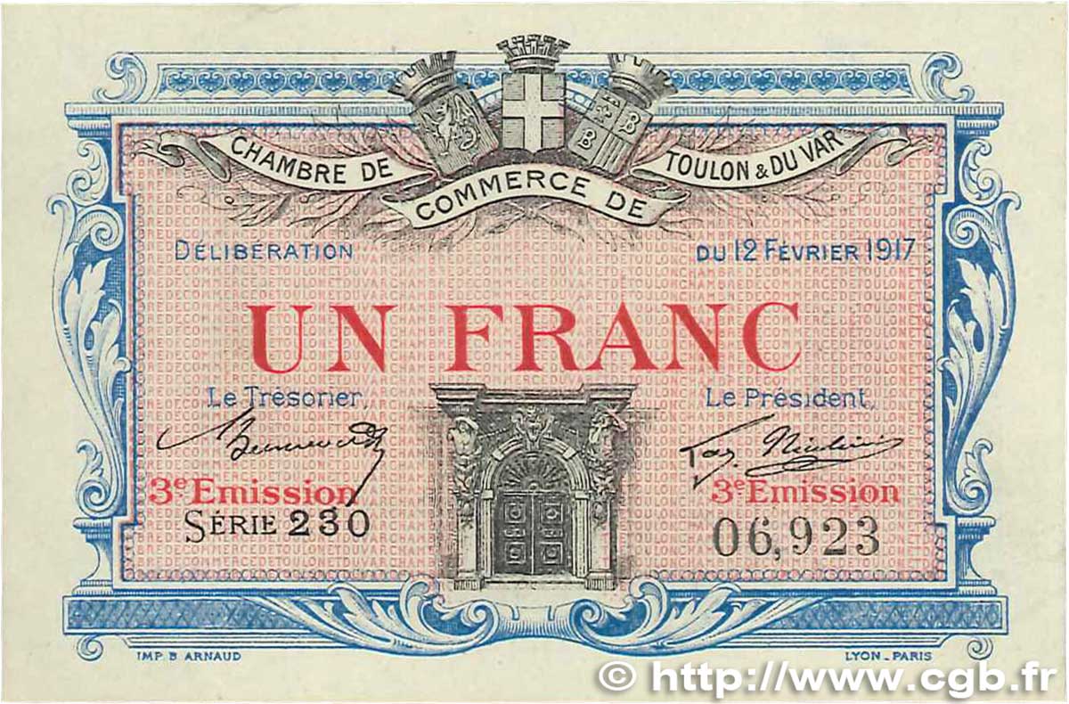1 Franc FRANCE regionalism and miscellaneous Toulon 1917 JP.121.12 XF+