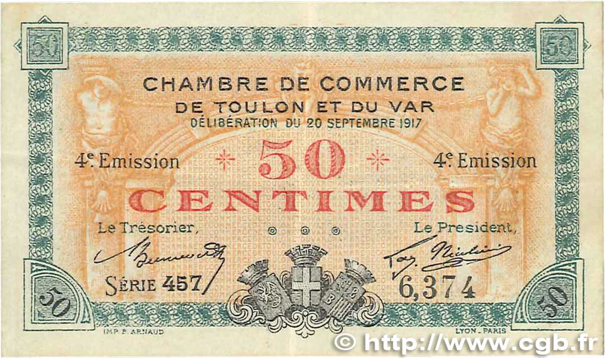 50 Centimes FRANCE regionalism and various Toulon 1917 JP.121.18 VF+