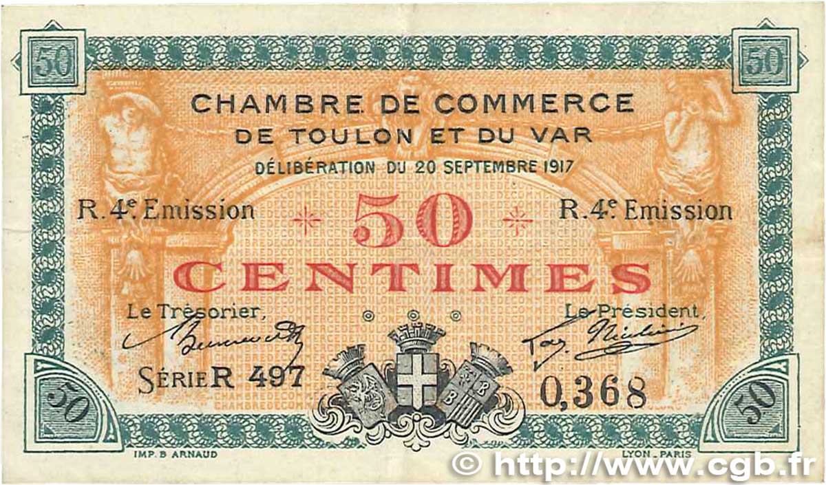 50 Centimes FRANCE regionalismo y varios Toulon 1917 JP.121.22 MBC
