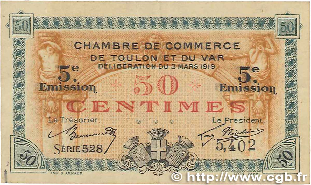 50 Centimes FRANCE regionalismo y varios Toulon 1919 JP.121.26 MBC