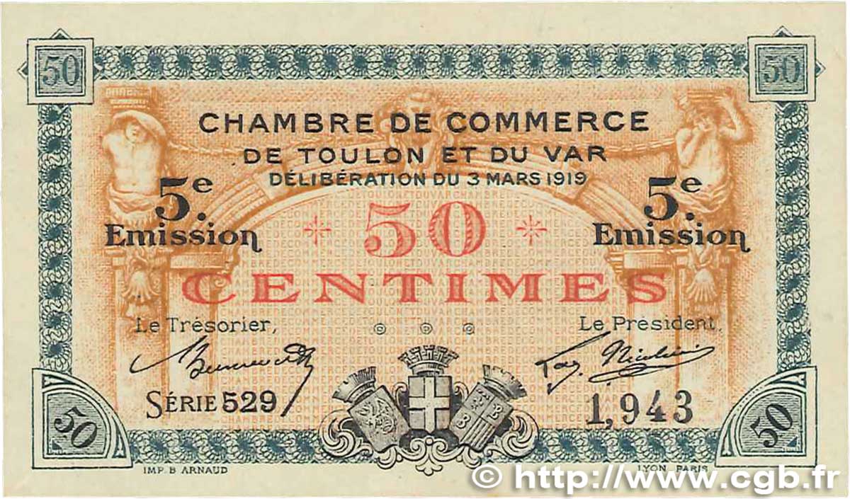 50 Centimes FRANCE Regionalismus und verschiedenen Toulon 1919 JP.121.26 VZ