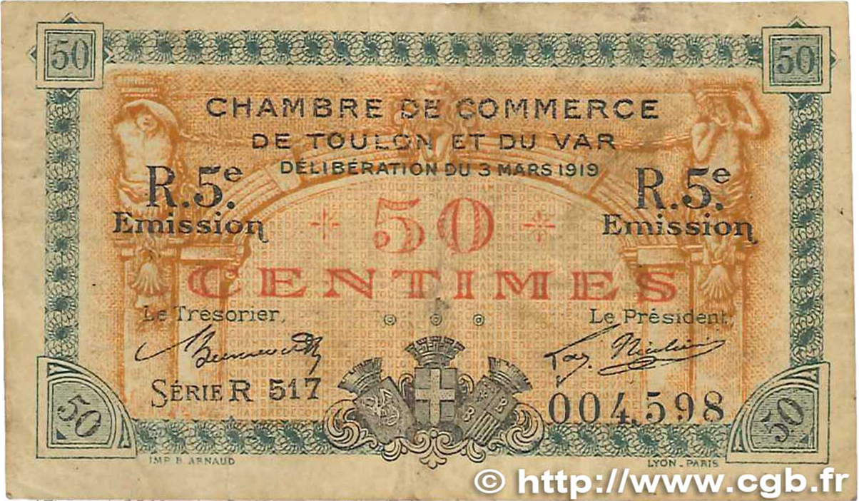 50 Centimes FRANCE regionalismo y varios Toulon 1919 JP.121.28 RC+
