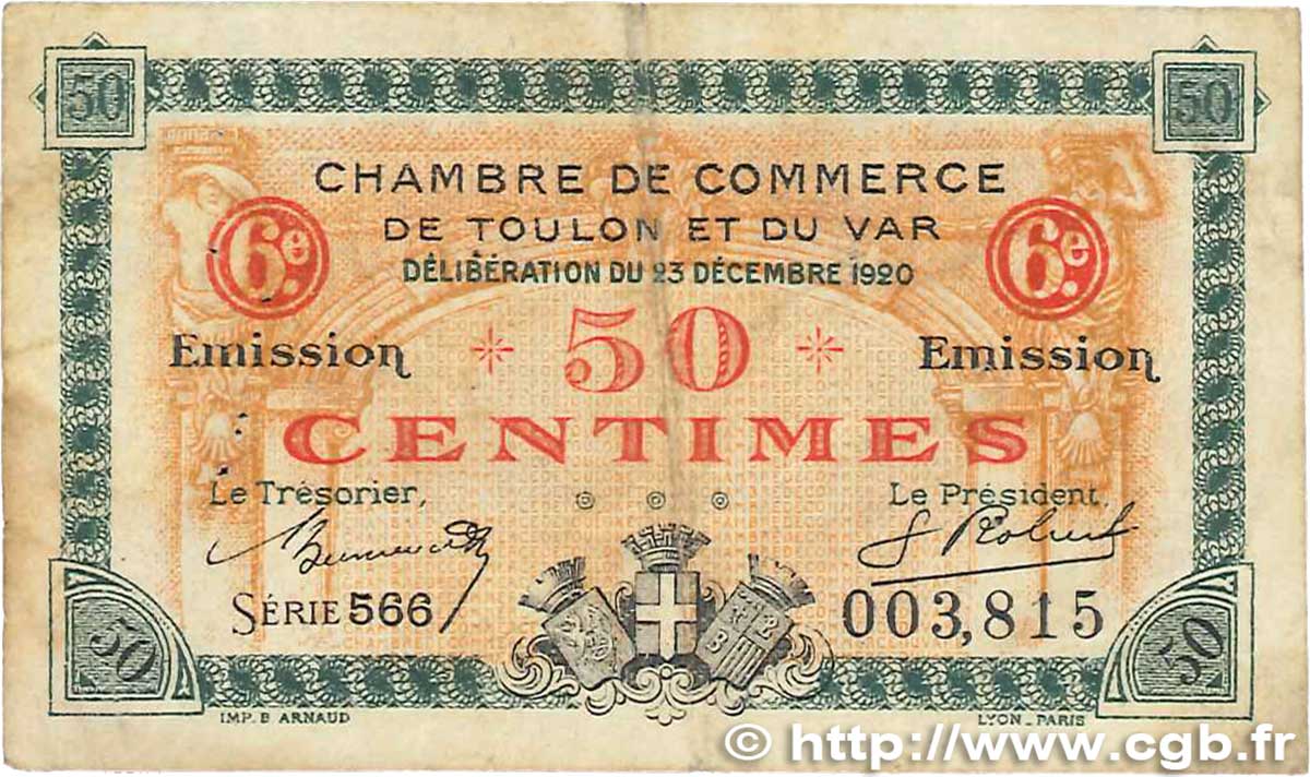 50 Centimes FRANCE regionalism and various Toulon 1920 JP.121.30 G