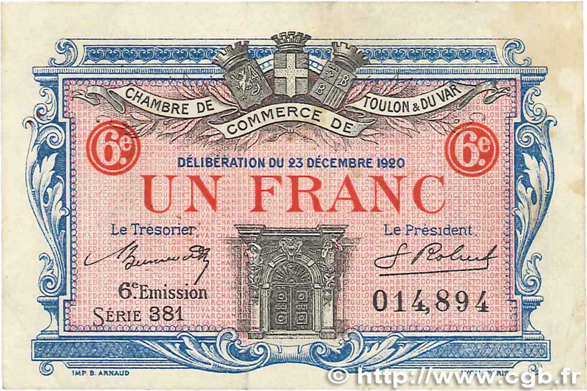 1 Franc FRANCE regionalism and various Toulon 1920 JP.121.31 F