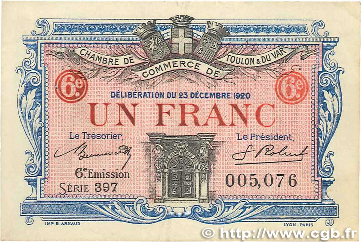 1 Franc FRANCE regionalismo y varios Toulon 1920 JP.121.31 MBC