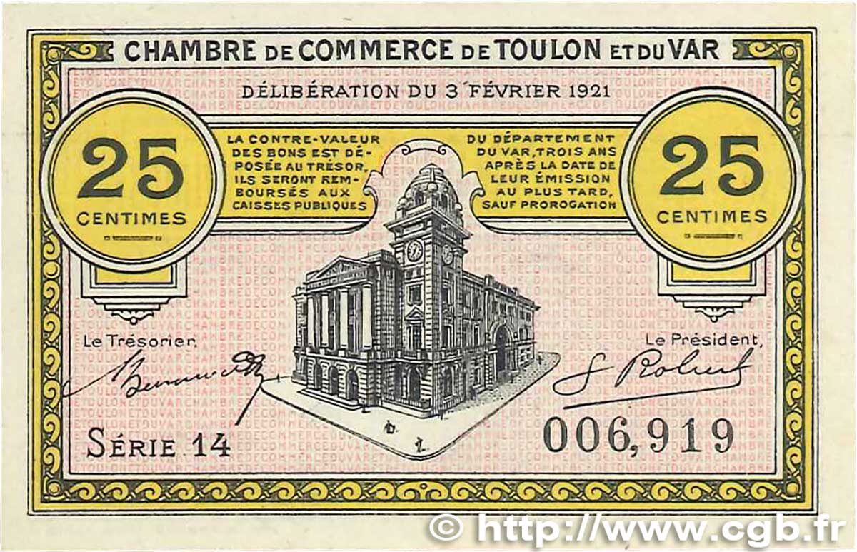 25 Centimes FRANCE regionalism and various Toulon 1921 JP.121.32 UNC-