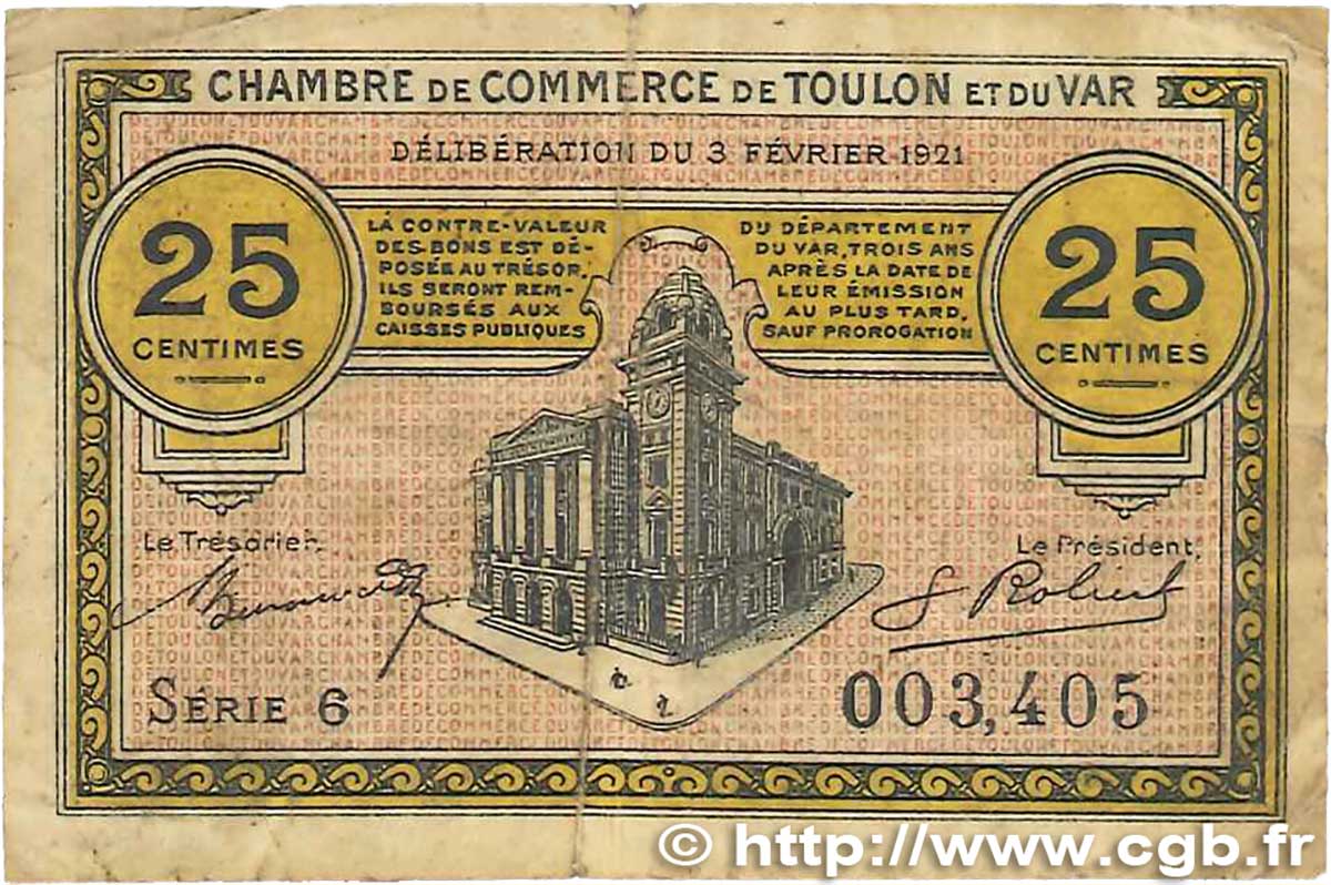 25 Centimes FRANCE regionalism and miscellaneous Toulon 1921 JP.121.32 VG