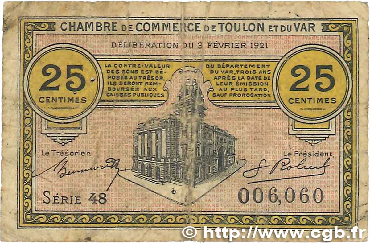 25 Centimes FRANCE regionalism and miscellaneous Toulon 1921 JP.121.32 G